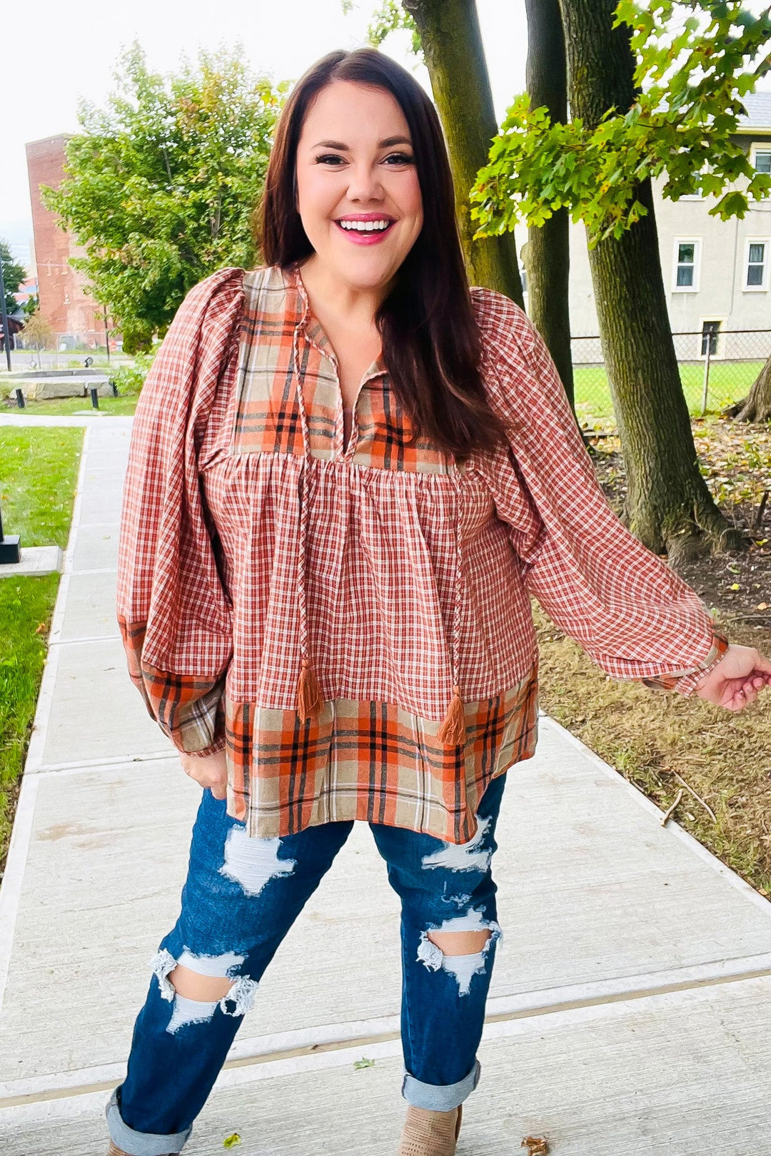 Under Your Spell Rust Plaid Color Block Notch Neck Top-Haptics-[option4]-[option5]-[option6]-[option7]-[option8]-Shop-Boutique-Clothing-for-Women-Online