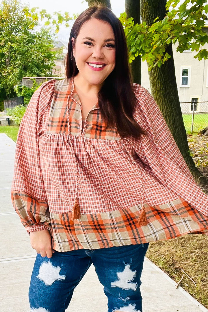 Under Your Spell Rust Plaid Color Block Notch Neck Top-Haptics-[option4]-[option5]-[option6]-[option7]-[option8]-Shop-Boutique-Clothing-for-Women-Online