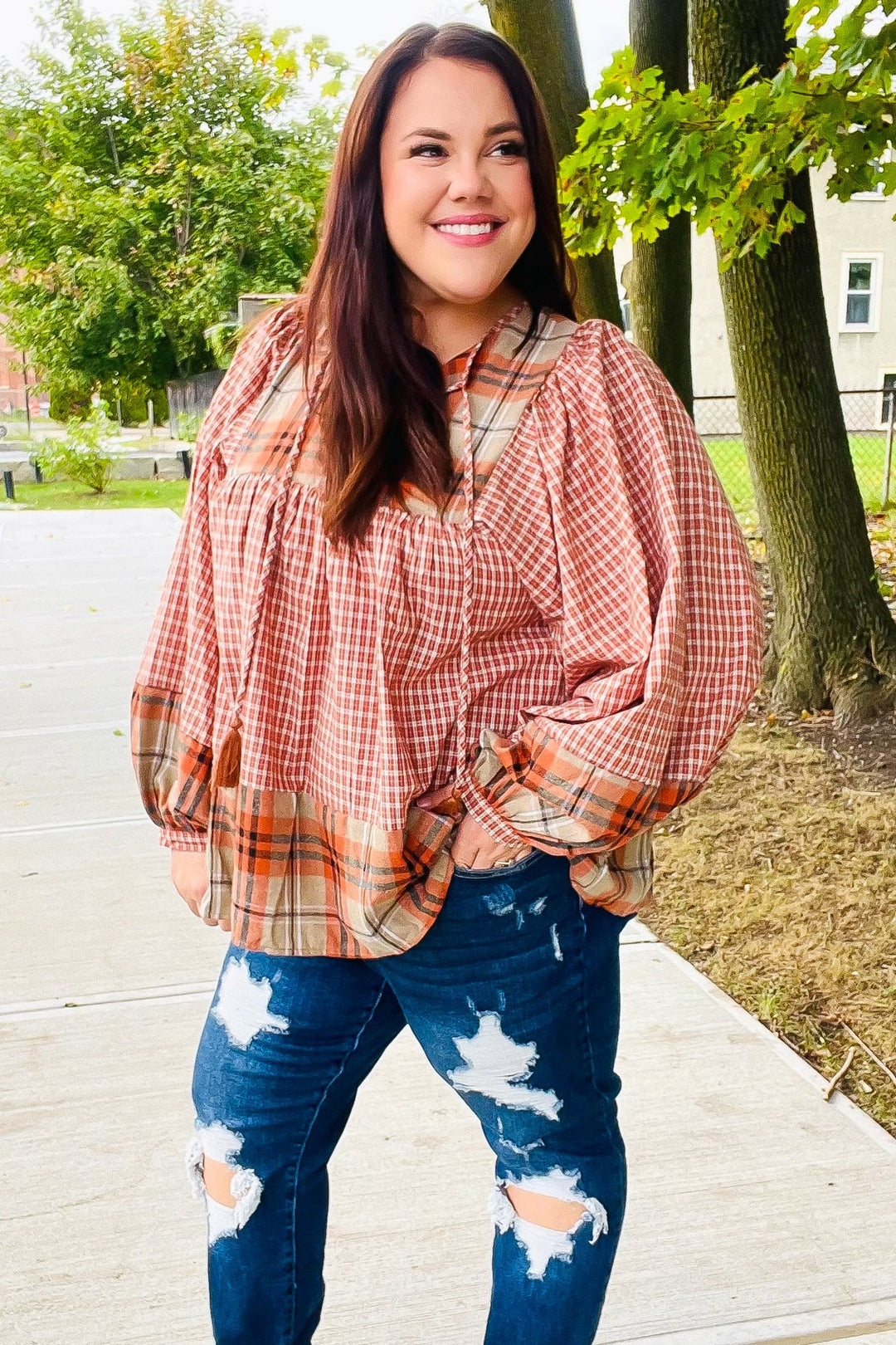 Under Your Spell Rust Plaid Color Block Notch Neck Top-Haptics-[option4]-[option5]-[option6]-[option7]-[option8]-Shop-Boutique-Clothing-for-Women-Online