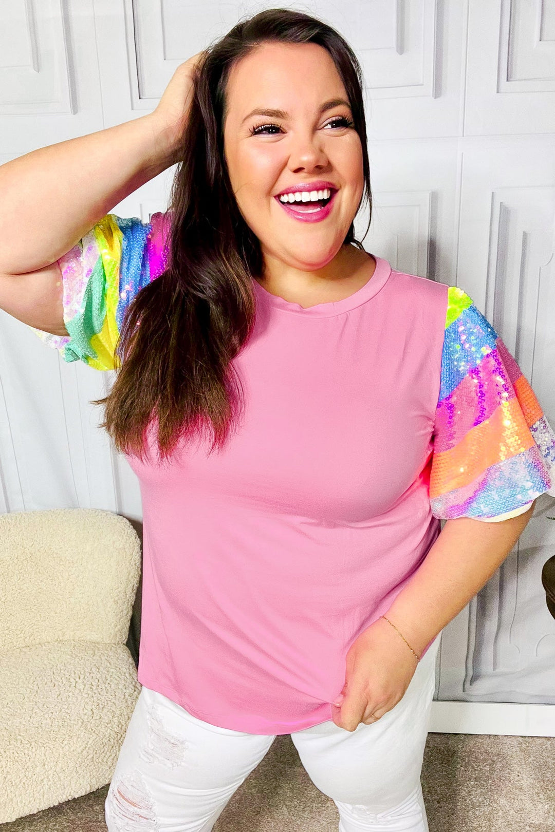 Stand Out Pink Rainbow Sequin Puff Sleeve Top-Haptics-[option4]-[option5]-[option6]-[option7]-[option8]-Shop-Boutique-Clothing-for-Women-Online