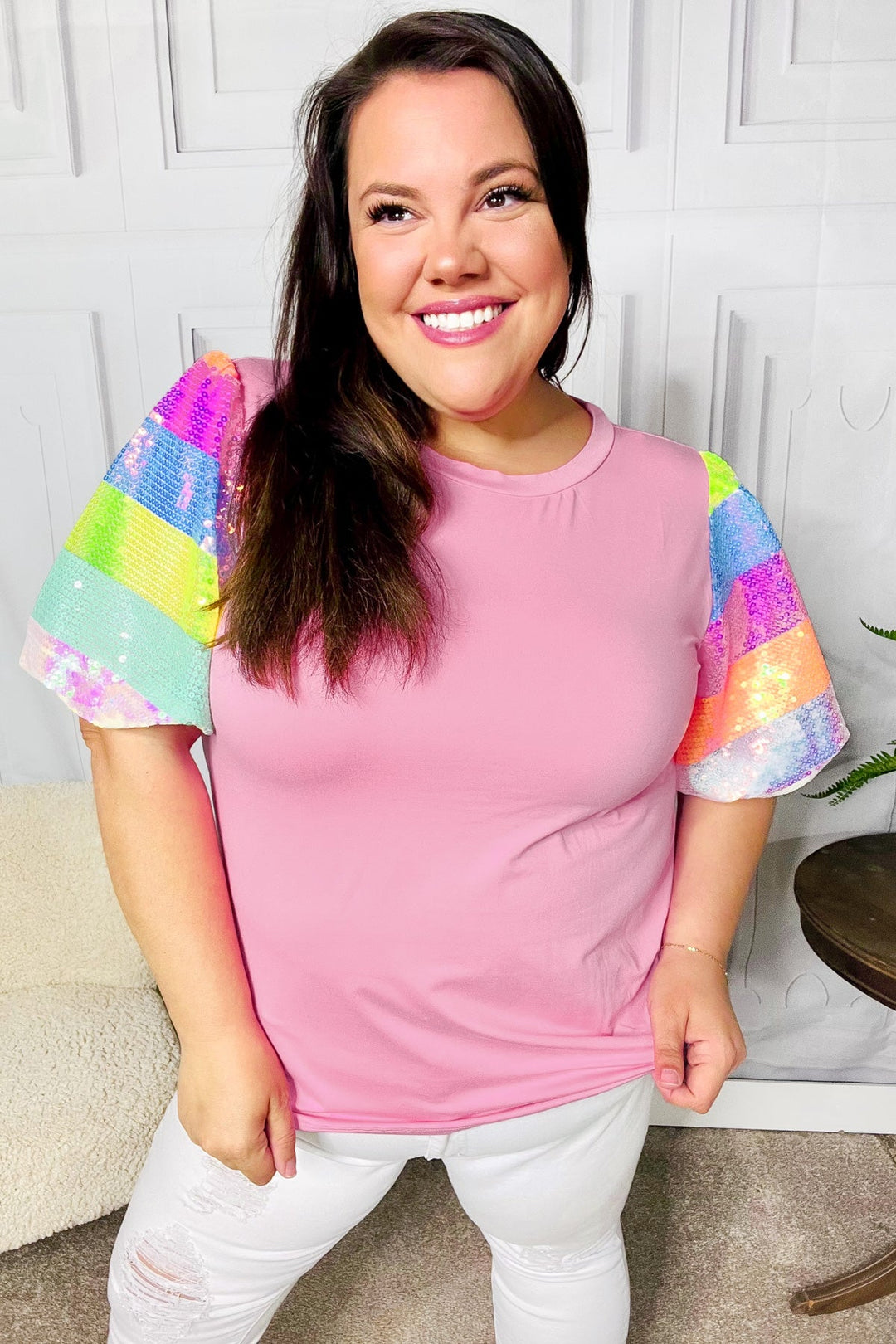 Stand Out Pink Rainbow Sequin Puff Sleeve Top-Haptics-[option4]-[option5]-[option6]-[option7]-[option8]-Shop-Boutique-Clothing-for-Women-Online