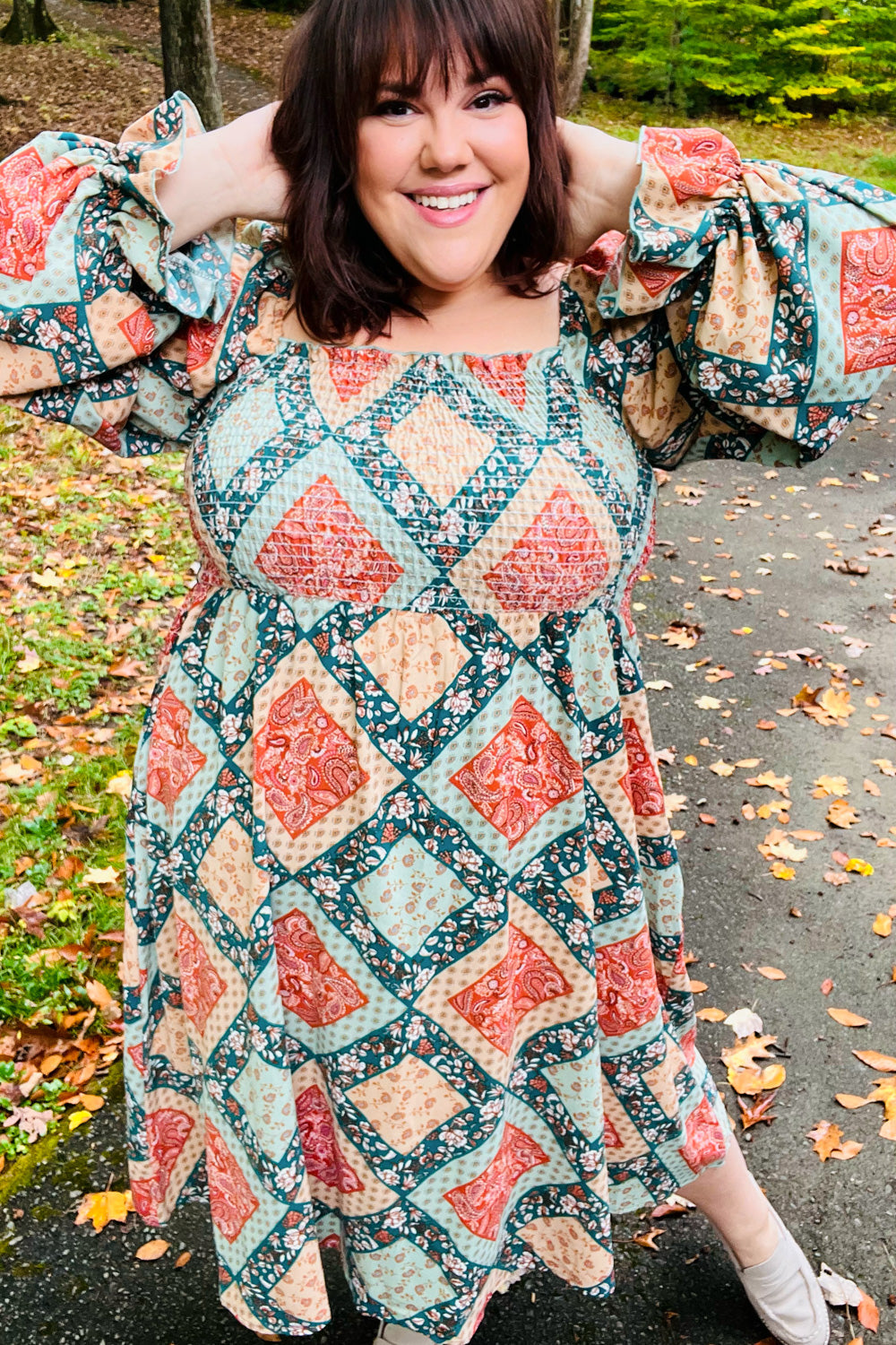 Haptics Join Me Later Rust/Teal Boho Smocked Woven Midi Dress-Haptics-[option4]-[option5]-[option6]-[option7]-[option8]-Shop-Boutique-Clothing-for-Women-Online