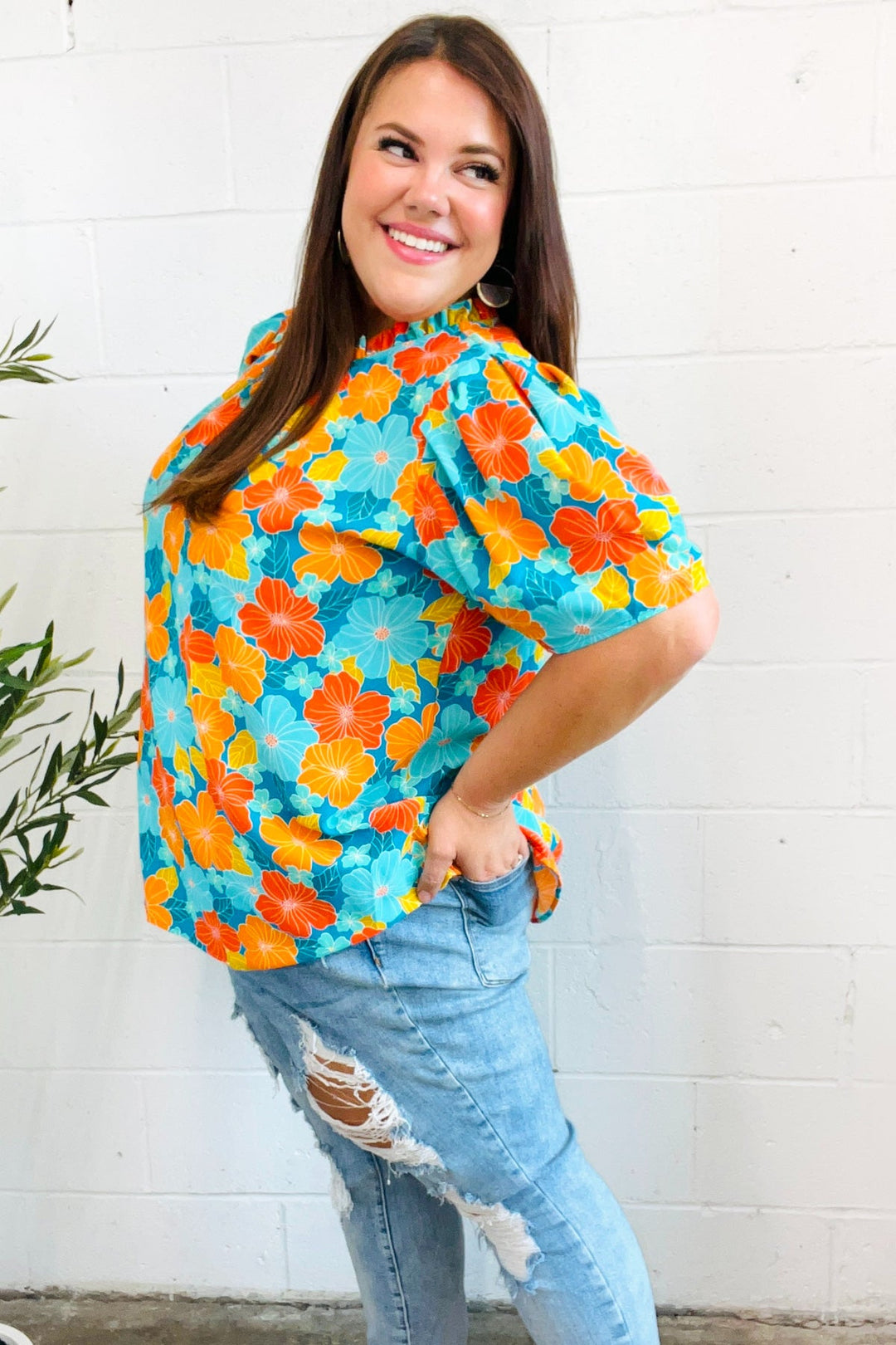 Vacay Ready Blue & Orange Floral Frill Mock Neck Top-Haptics-[option4]-[option5]-[option6]-[option7]-[option8]-Shop-Boutique-Clothing-for-Women-Online
