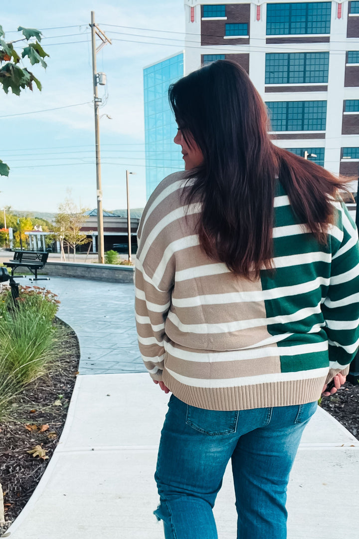 Hunter Green & Taupe Striped Color Block Sweater-Haptics-[option4]-[option5]-[option6]-[option7]-[option8]-Shop-Boutique-Clothing-for-Women-Online