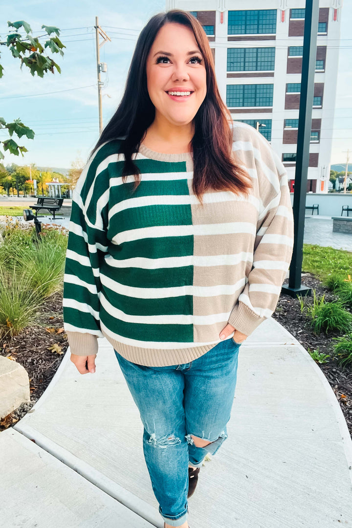 Hunter Green & Taupe Striped Color Block Sweater-Haptics-[option4]-[option5]-[option6]-[option7]-[option8]-Shop-Boutique-Clothing-for-Women-Online