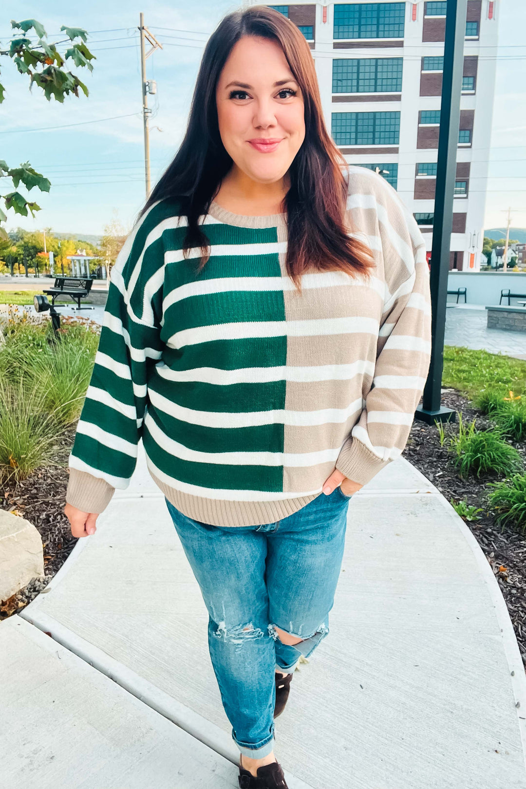 Hunter Green & Taupe Striped Color Block Sweater-Haptics-[option4]-[option5]-[option6]-[option7]-[option8]-Shop-Boutique-Clothing-for-Women-Online