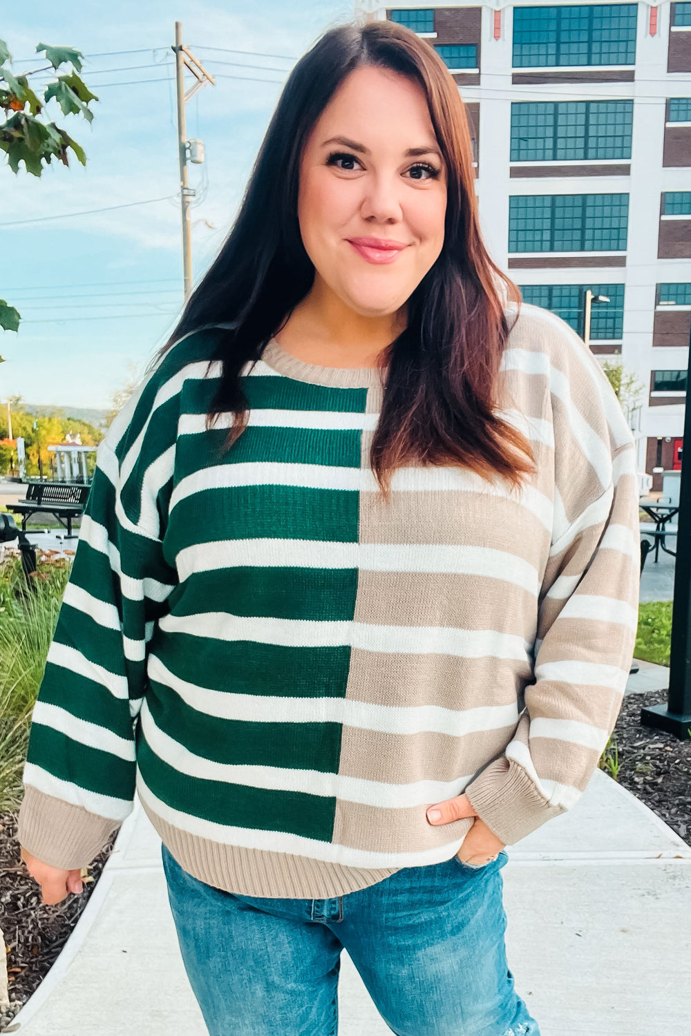 Hunter Green & Taupe Striped Color Block Sweater-Haptics-[option4]-[option5]-[option6]-[option7]-[option8]-Shop-Boutique-Clothing-for-Women-Online