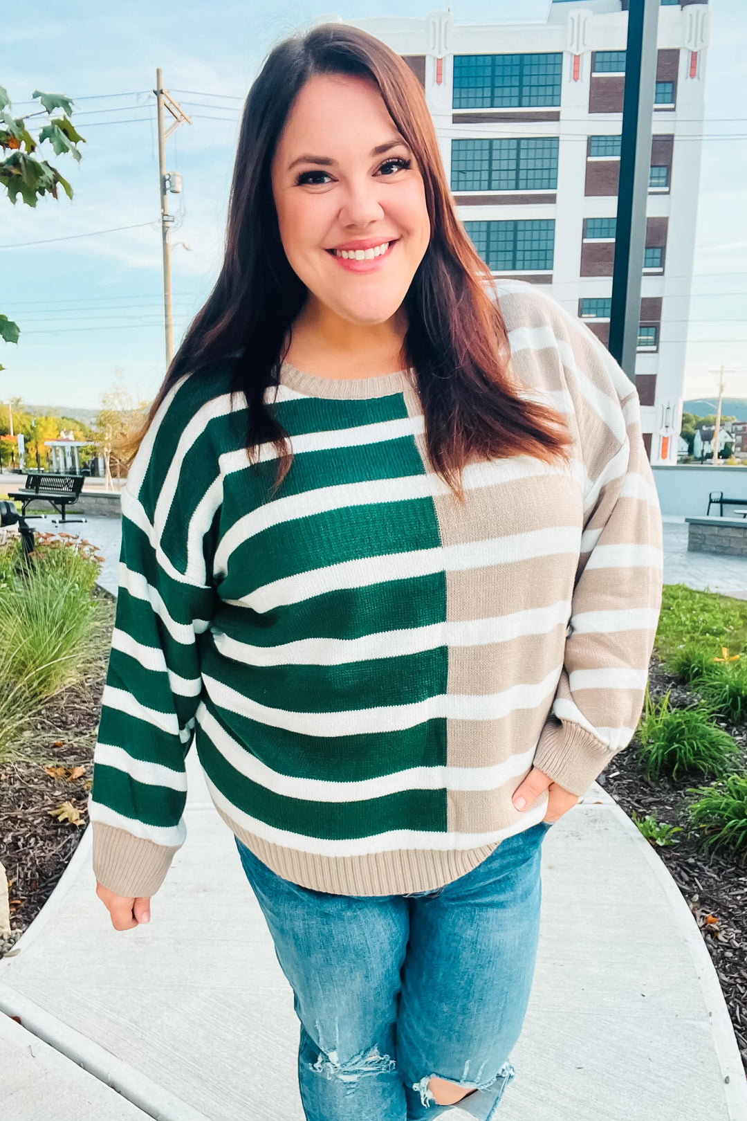 Hunter Green & Taupe Striped Color Block Sweater-Haptics-[option4]-[option5]-[option6]-[option7]-[option8]-Shop-Boutique-Clothing-for-Women-Online