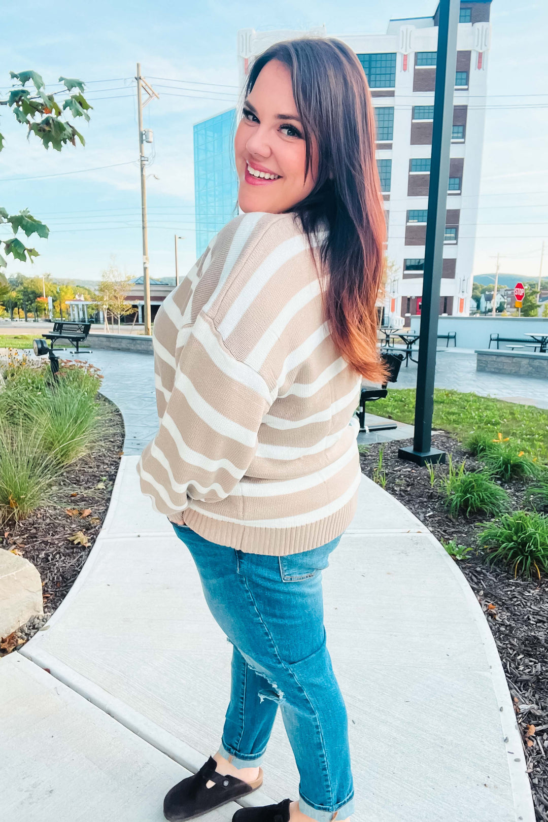 Hunter Green & Taupe Striped Color Block Sweater-Haptics-[option4]-[option5]-[option6]-[option7]-[option8]-Shop-Boutique-Clothing-for-Women-Online