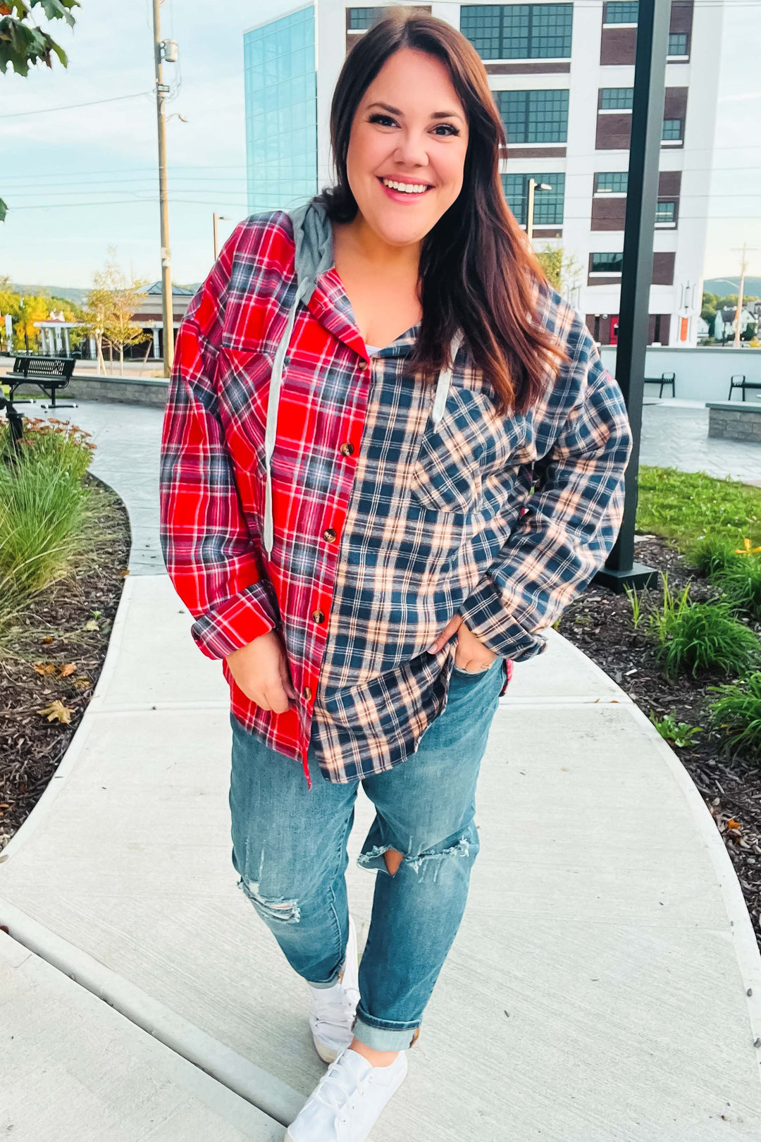 Main Attraction Red & Navy Plaid Color Block Button Down Hoodie-Haptics-[option4]-[option5]-[option6]-[option7]-[option8]-Shop-Boutique-Clothing-for-Women-Online