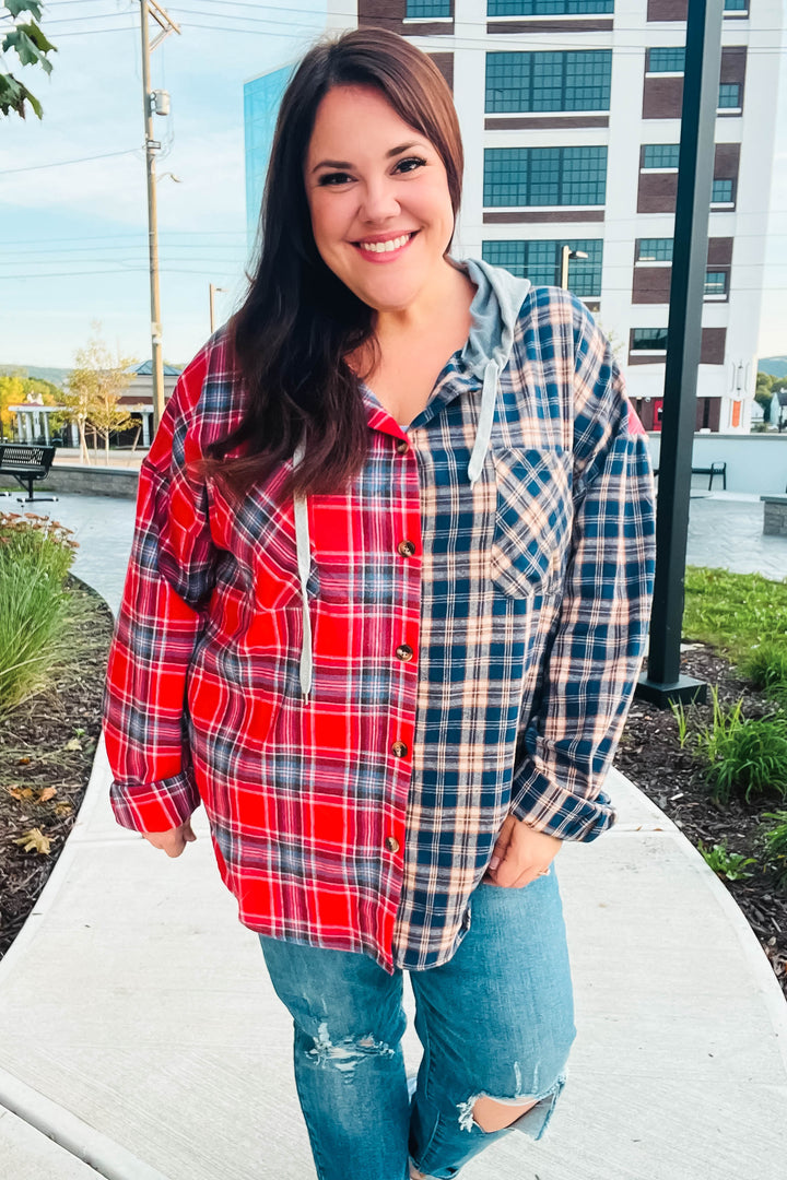 Main Attraction Red & Navy Plaid Color Block Button Down Hoodie-Haptics-[option4]-[option5]-[option6]-[option7]-[option8]-Shop-Boutique-Clothing-for-Women-Online