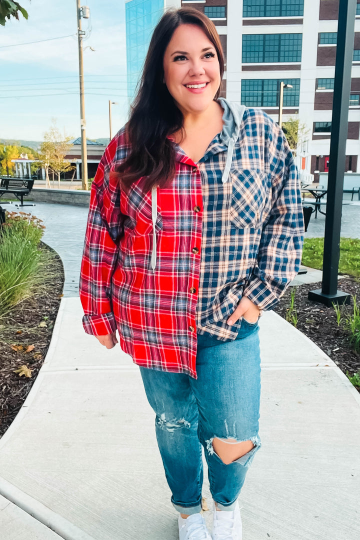 Main Attraction Red & Navy Plaid Color Block Button Down Hoodie-Haptics-[option4]-[option5]-[option6]-[option7]-[option8]-Shop-Boutique-Clothing-for-Women-Online