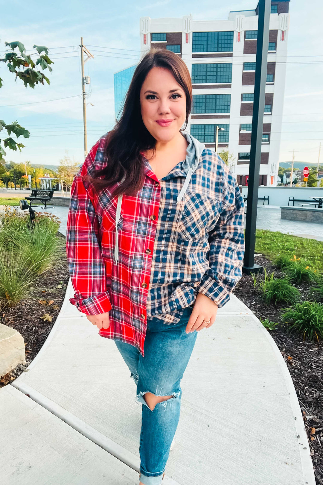 Main Attraction Red & Navy Plaid Color Block Button Down Hoodie-Haptics-[option4]-[option5]-[option6]-[option7]-[option8]-Shop-Boutique-Clothing-for-Women-Online