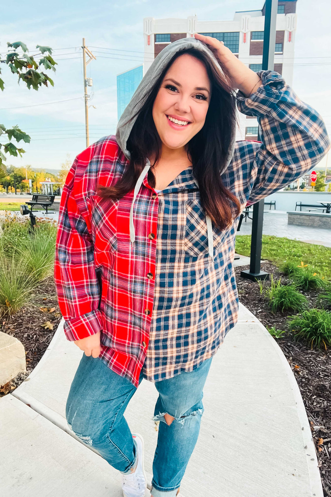 Main Attraction Red & Navy Plaid Color Block Button Down Hoodie-Haptics-[option4]-[option5]-[option6]-[option7]-[option8]-Shop-Boutique-Clothing-for-Women-Online