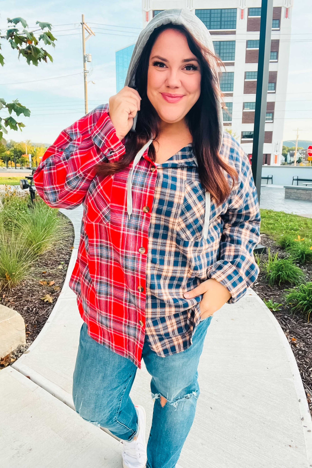 Main Attraction Red & Navy Plaid Color Block Button Down Hoodie-Haptics-[option4]-[option5]-[option6]-[option7]-[option8]-Shop-Boutique-Clothing-for-Women-Online