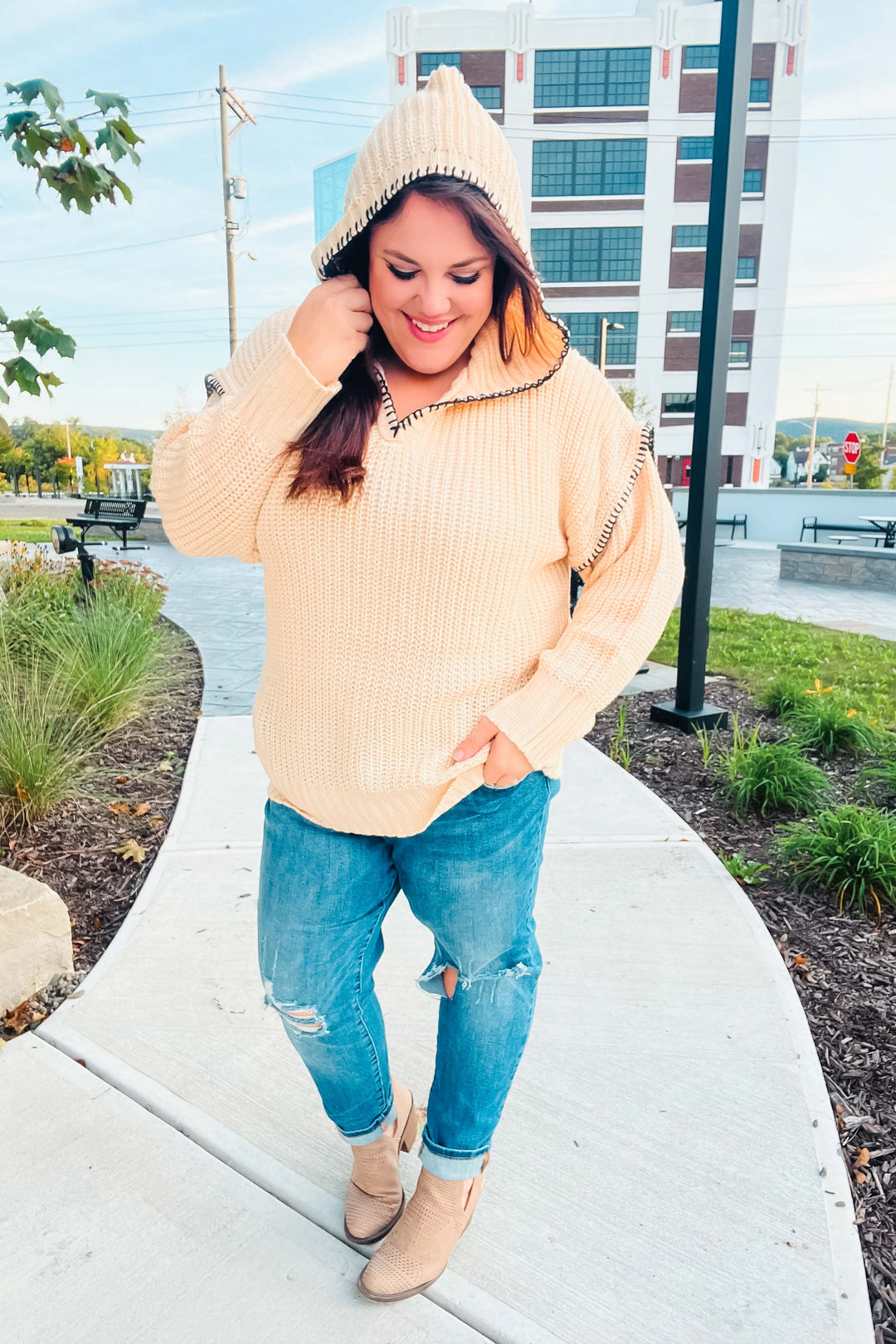 The Perfect Day Oatmeal Notched Neck Contrast Stitch Knit Hoodie-Haptics-[option4]-[option5]-[option6]-[option7]-[option8]-Shop-Boutique-Clothing-for-Women-Online