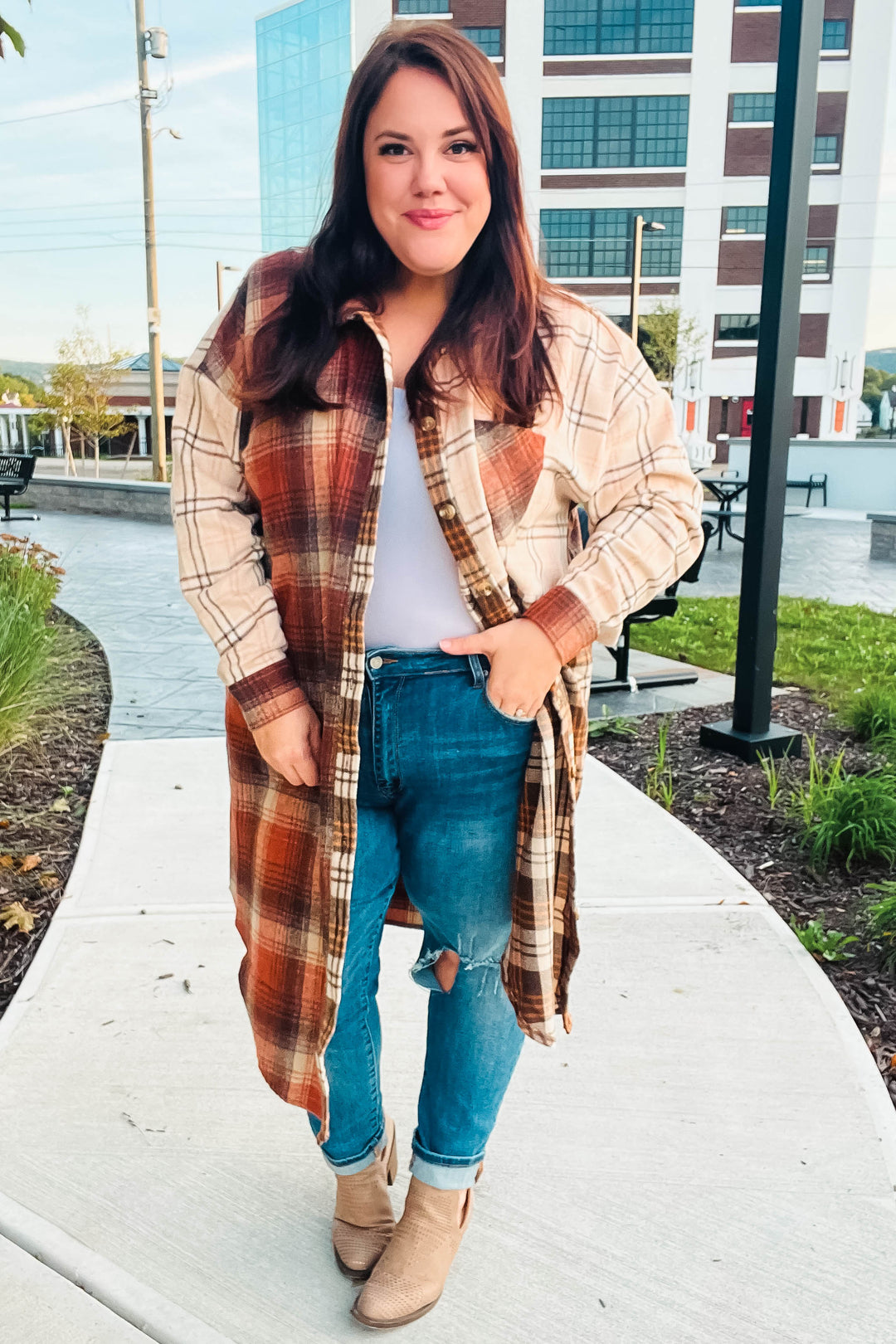 Stand Out Rust & Taupe Color Block Plaid Longline Shacket-Haptics-[option4]-[option5]-[option6]-[option7]-[option8]-Shop-Boutique-Clothing-for-Women-Online