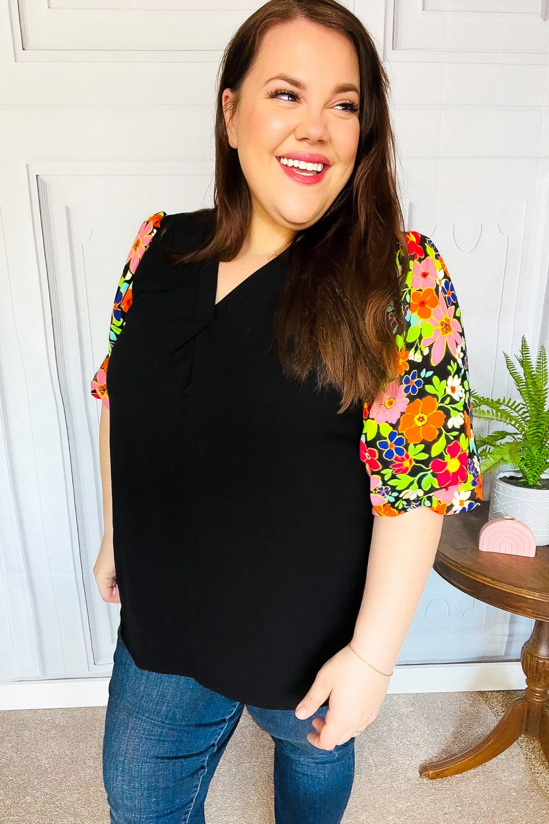 Eyes On You Black Floral Puff Sleeve V Neck Top-Haptics-[option4]-[option5]-[option6]-[option7]-[option8]-Shop-Boutique-Clothing-for-Women-Online