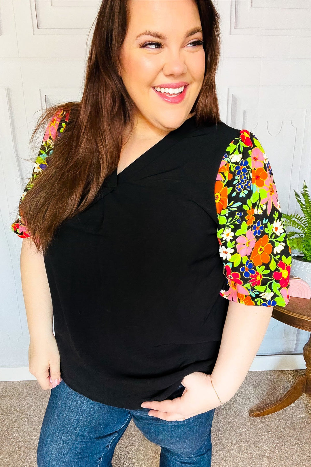 Eyes On You Black Floral Puff Sleeve V Neck Top-Haptics-[option4]-[option5]-[option6]-[option7]-[option8]-Shop-Boutique-Clothing-for-Women-Online