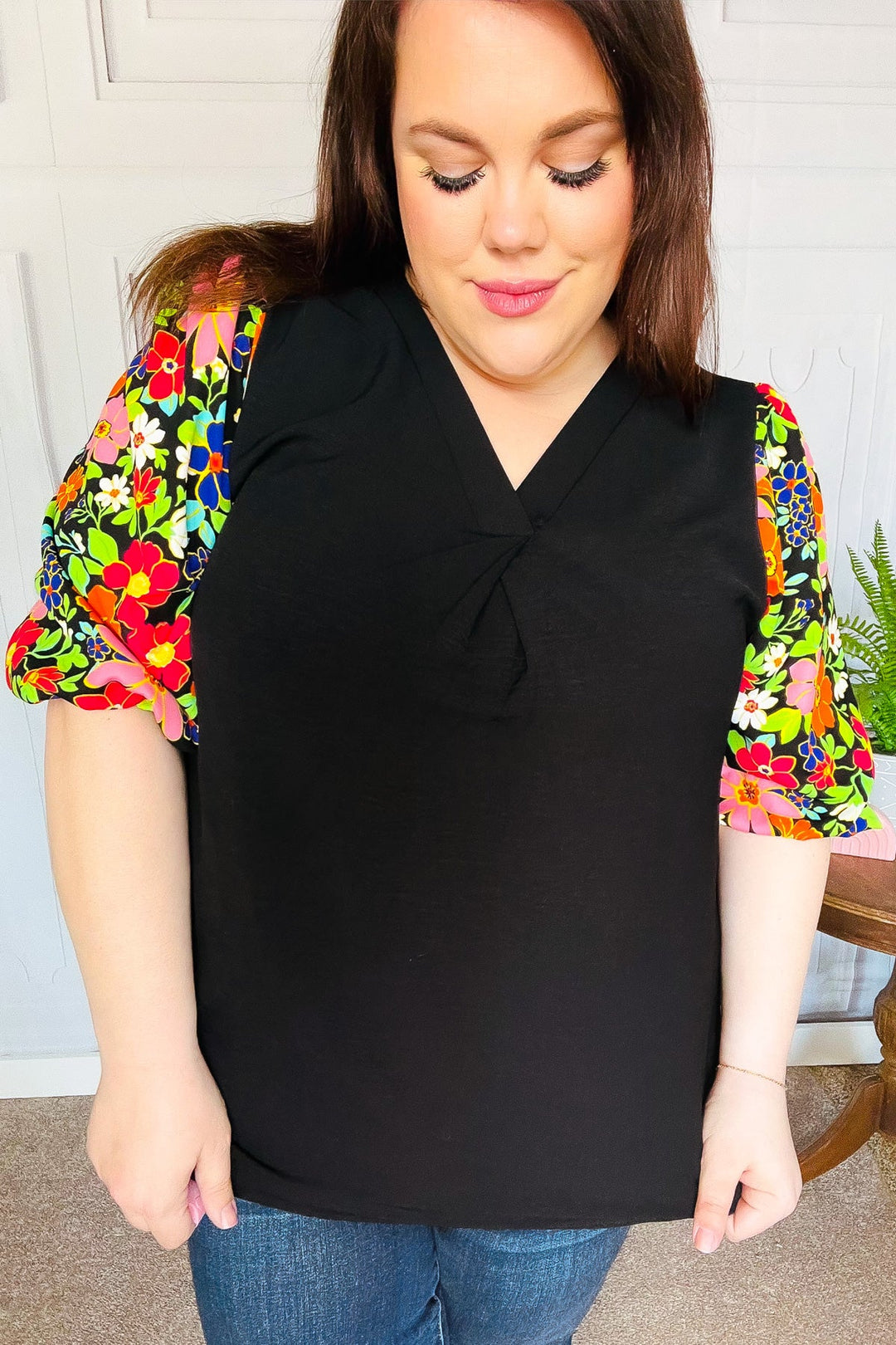 Eyes On You Black Floral Puff Sleeve V Neck Top-Haptics-[option4]-[option5]-[option6]-[option7]-[option8]-Shop-Boutique-Clothing-for-Women-Online