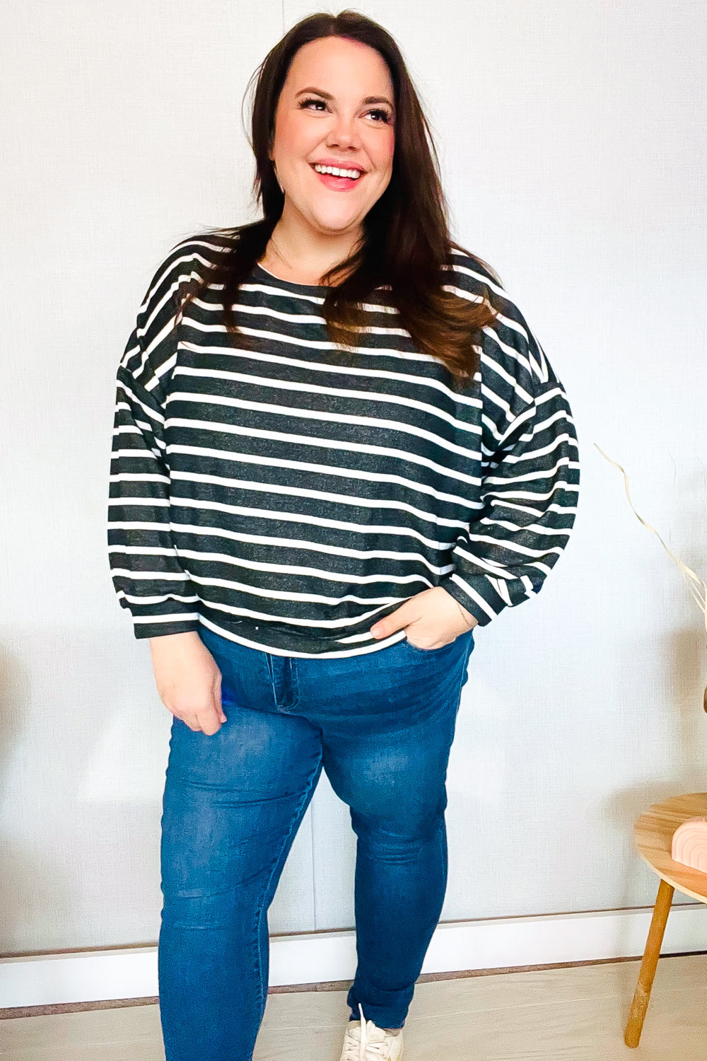 Look Striking Charcoal Stripe Terry Banded Dolman Pullover-Hopely-[option4]-[option5]-[option6]-[option7]-[option8]-Shop-Boutique-Clothing-for-Women-Online