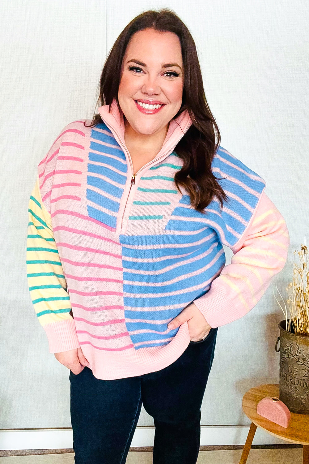 Perfectly Poised Blush & Blue Stripe Half Zip Up Oversized Sweater-Haptics-[option4]-[option5]-[option6]-[option7]-[option8]-Shop-Boutique-Clothing-for-Women-Online