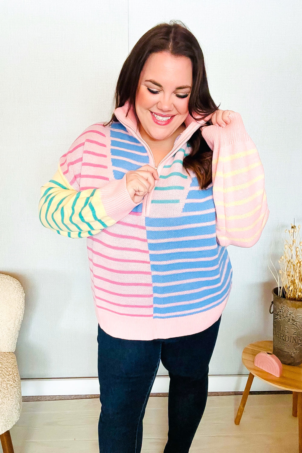 Perfectly Poised Blush & Blue Stripe Half Zip Up Oversized Sweater-Haptics-[option4]-[option5]-[option6]-[option7]-[option8]-Shop-Boutique-Clothing-for-Women-Online