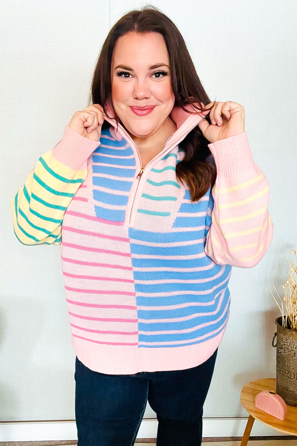 Perfectly Poised Blush & Blue Stripe Half Zip Up Oversized Sweater-Haptics-[option4]-[option5]-[option6]-[option7]-[option8]-Shop-Boutique-Clothing-for-Women-Online