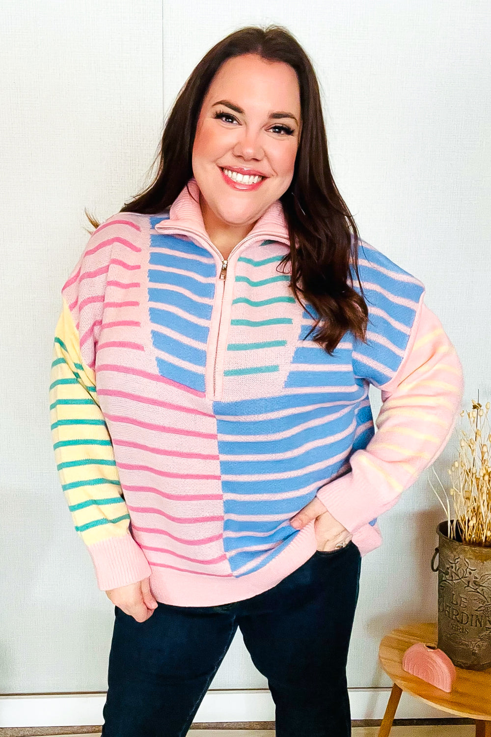 Perfectly Poised Blush & Blue Stripe Half Zip Up Oversized Sweater-Haptics-[option4]-[option5]-[option6]-[option7]-[option8]-Shop-Boutique-Clothing-for-Women-Online