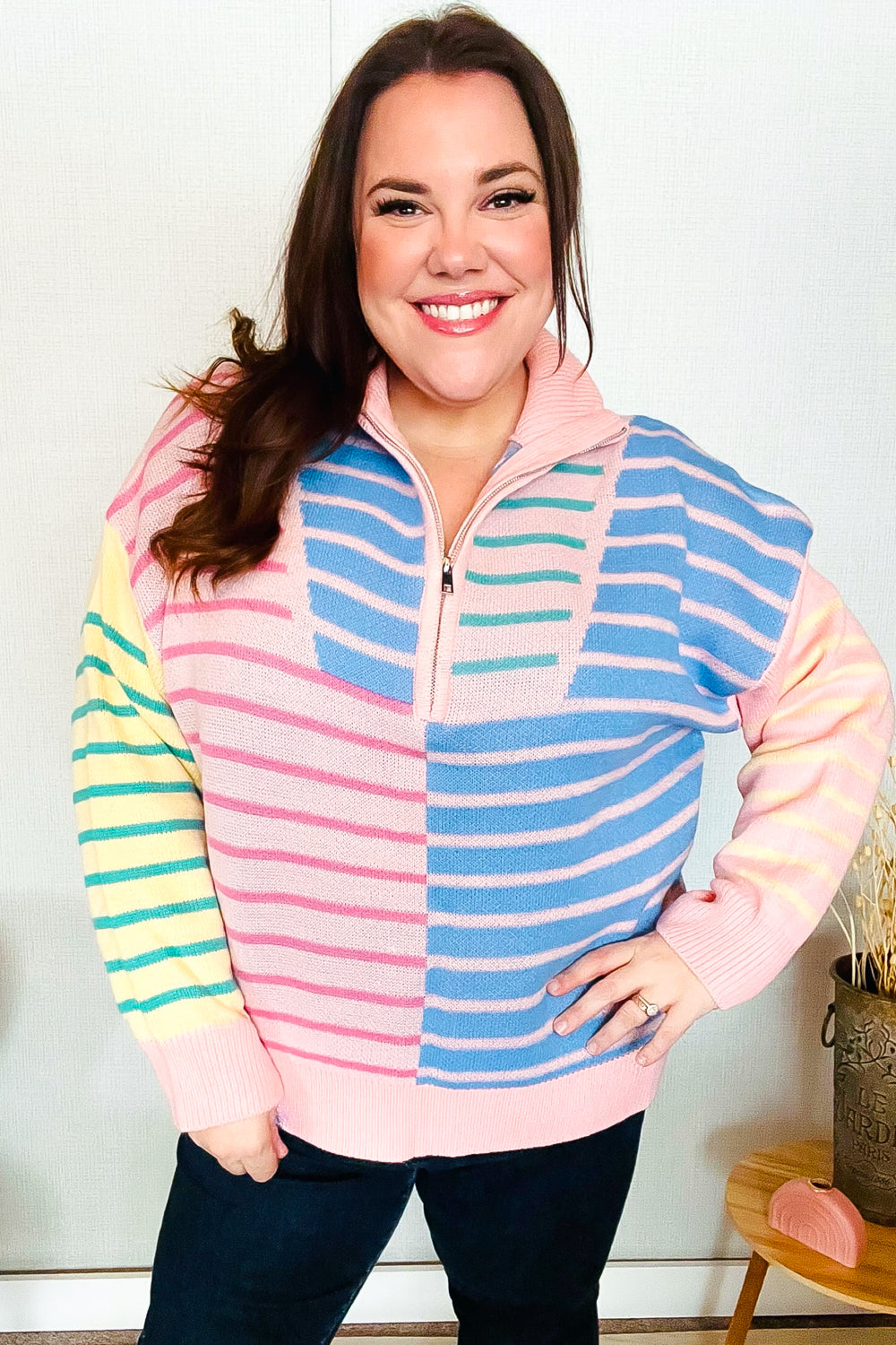 Perfectly Poised Blush & Blue Stripe Half Zip Up Oversized Sweater-Haptics-[option4]-[option5]-[option6]-[option7]-[option8]-Shop-Boutique-Clothing-for-Women-Online