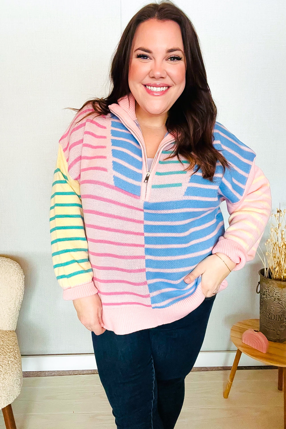 Perfectly Poised Blush & Blue Stripe Half Zip Up Oversized Sweater-Haptics-[option4]-[option5]-[option6]-[option7]-[option8]-Shop-Boutique-Clothing-for-Women-Online