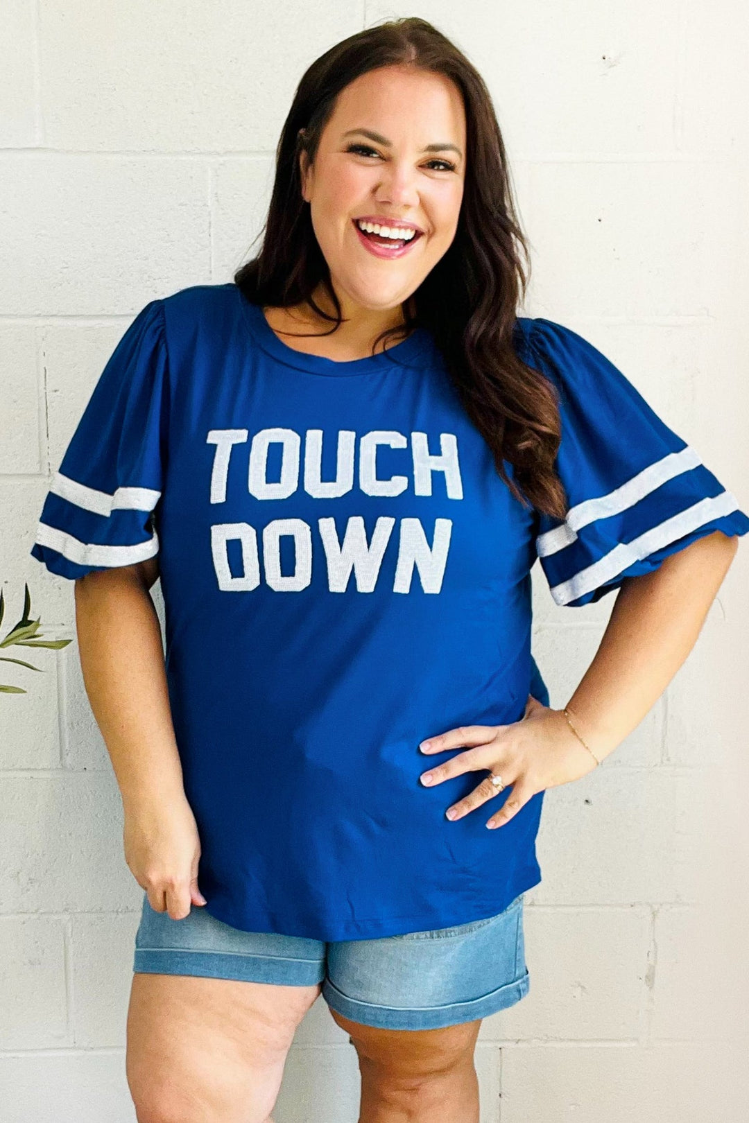 Stand Out Blue "TOUCHDOWN" Sequin Bubble Sleeve Game Day Top-Haptics-[option4]-[option5]-[option6]-[option7]-[option8]-Shop-Boutique-Clothing-for-Women-Online