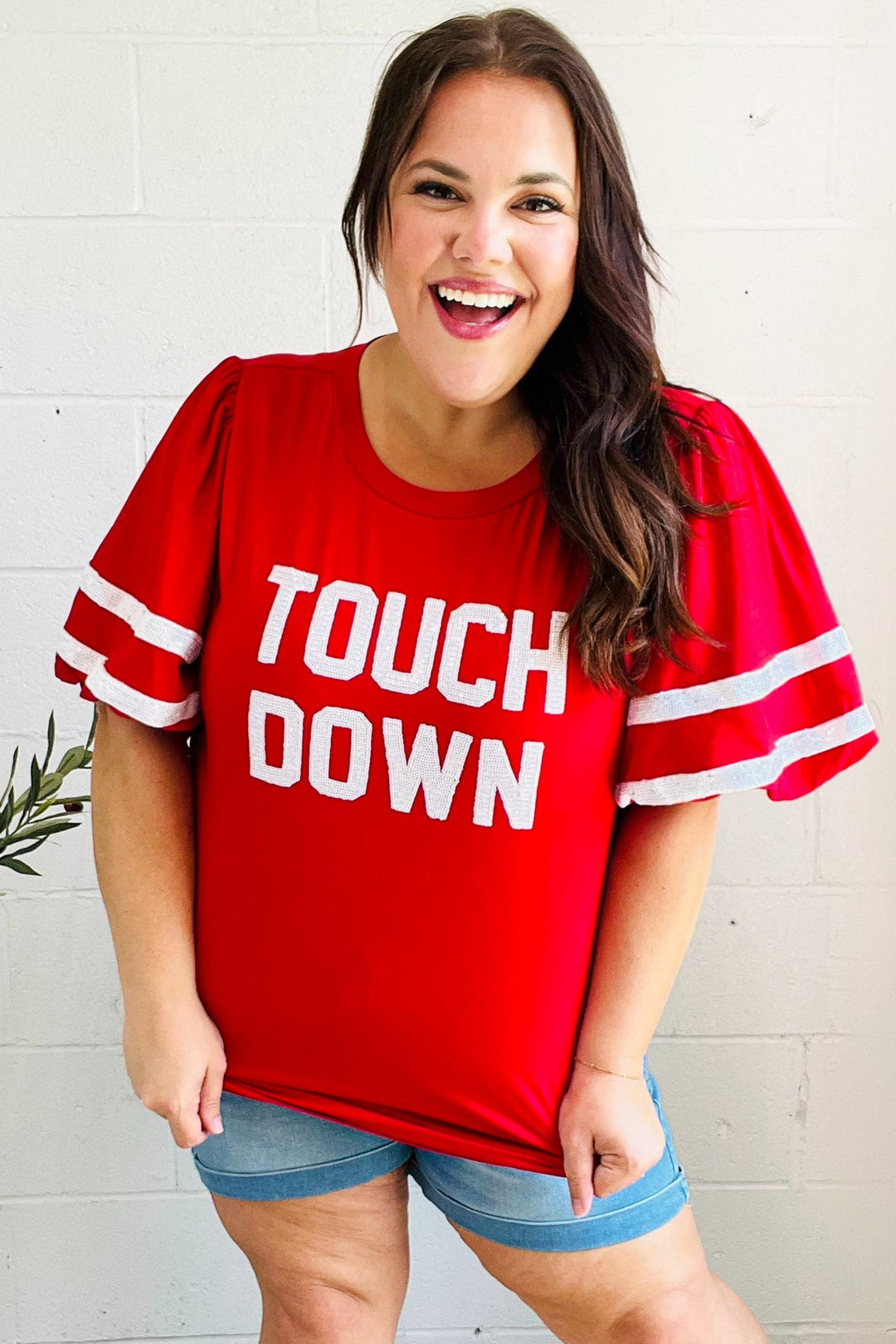 Stand Out Red "TOUCHDOWN" Sequin Bubble Sleeve Game Day Top-Haptics-[option4]-[option5]-[option6]-[option7]-[option8]-Shop-Boutique-Clothing-for-Women-Online