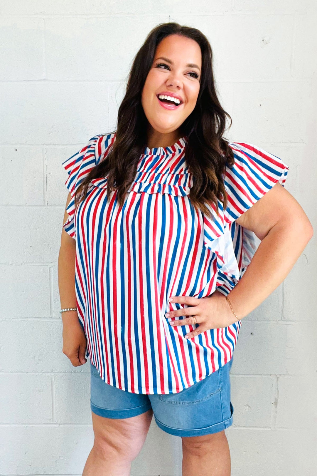 American Red White & Blue Stripe Shirred Yoke Neck Top-Haptics-[option4]-[option5]-[option6]-[option7]-[option8]-Shop-Boutique-Clothing-for-Women-Online