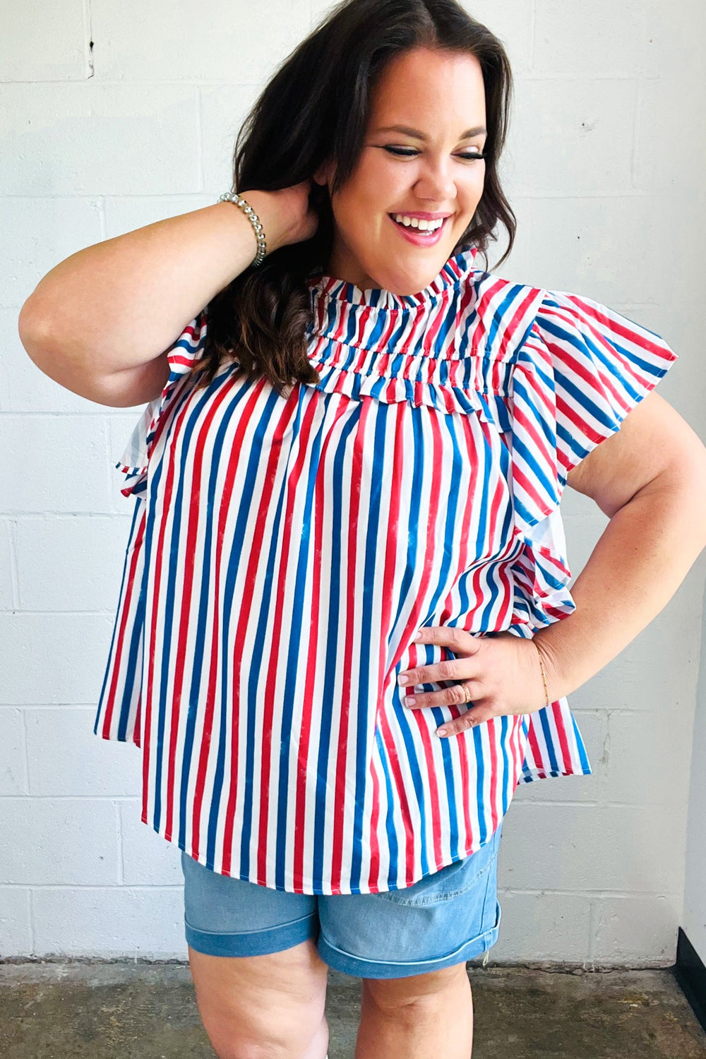 American Red White & Blue Stripe Shirred Yoke Neck Top-Haptics-[option4]-[option5]-[option6]-[option7]-[option8]-Shop-Boutique-Clothing-for-Women-Online