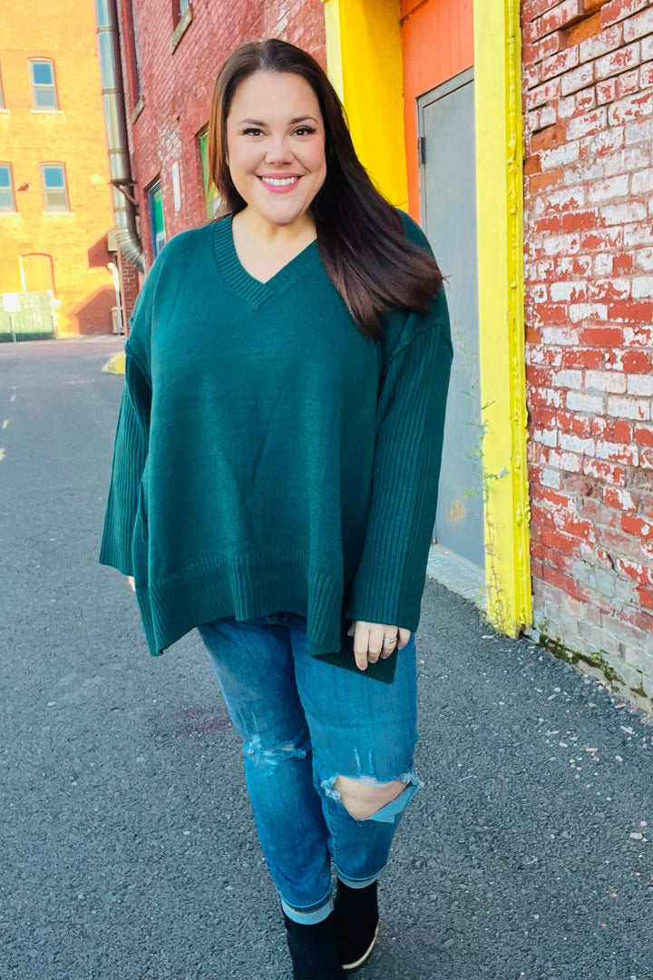 Casual Chic Hunter Green Oversized V Neck Rib Knit Sweater-Haptics-[option4]-[option5]-[option6]-[option7]-[option8]-Shop-Boutique-Clothing-for-Women-Online