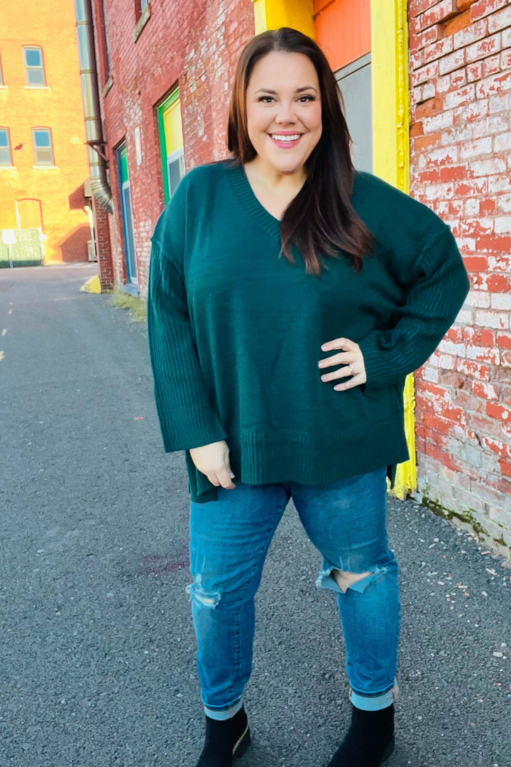 Casual Chic Hunter Green Oversized V Neck Rib Knit Sweater-Haptics-[option4]-[option5]-[option6]-[option7]-[option8]-Shop-Boutique-Clothing-for-Women-Online