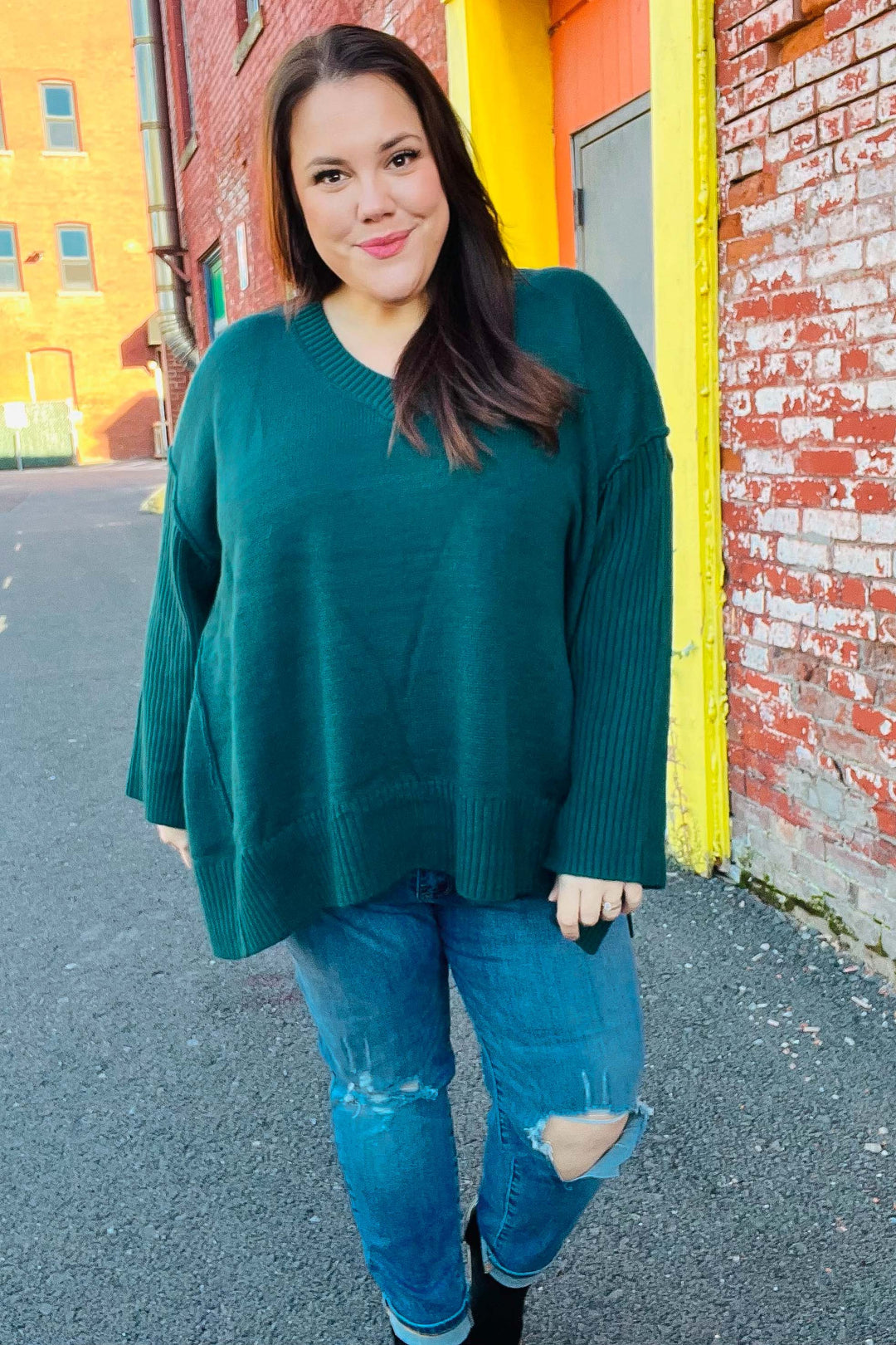 Casual Chic Hunter Green Oversized V Neck Rib Knit Sweater-Haptics-[option4]-[option5]-[option6]-[option7]-[option8]-Shop-Boutique-Clothing-for-Women-Online