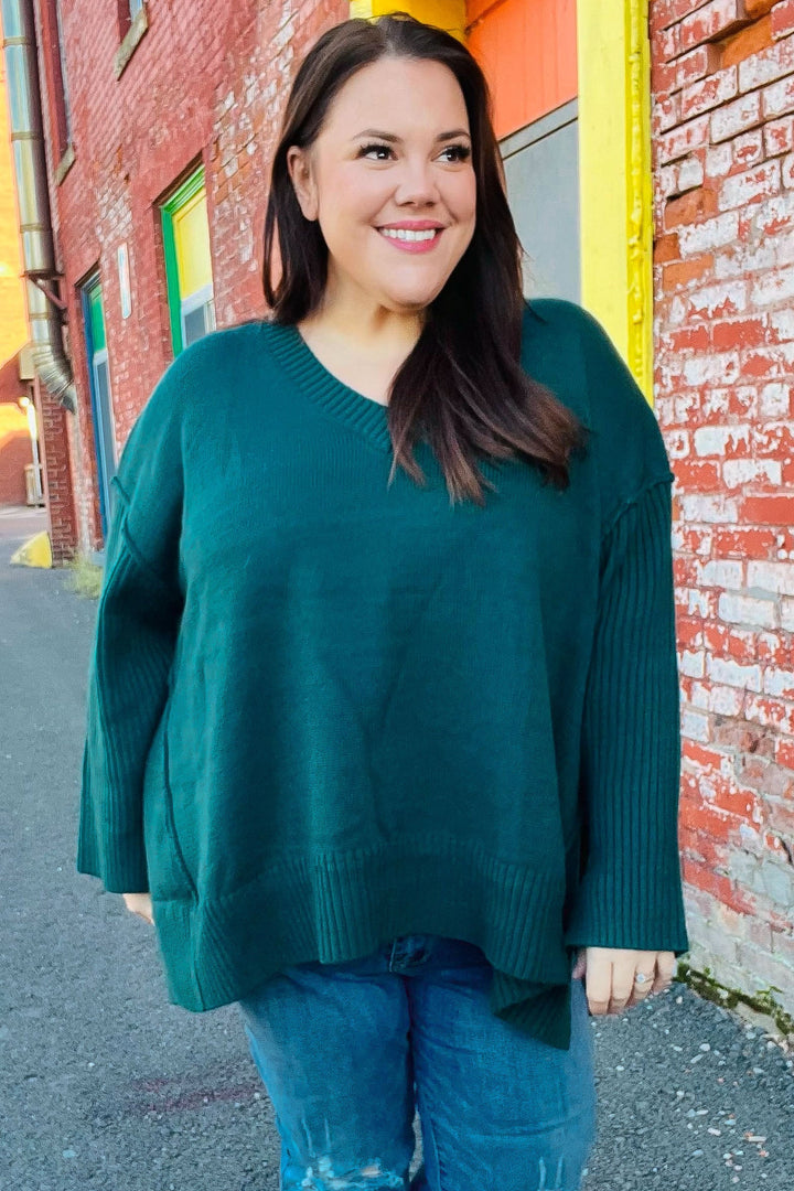 Casual Chic Hunter Green Oversized V Neck Rib Knit Sweater-Haptics-[option4]-[option5]-[option6]-[option7]-[option8]-Shop-Boutique-Clothing-for-Women-Online