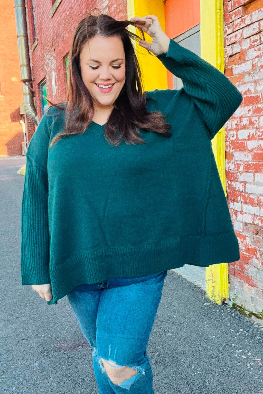 Casual Chic Hunter Green Oversized V Neck Rib Knit Sweater-Haptics-[option4]-[option5]-[option6]-[option7]-[option8]-Shop-Boutique-Clothing-for-Women-Online