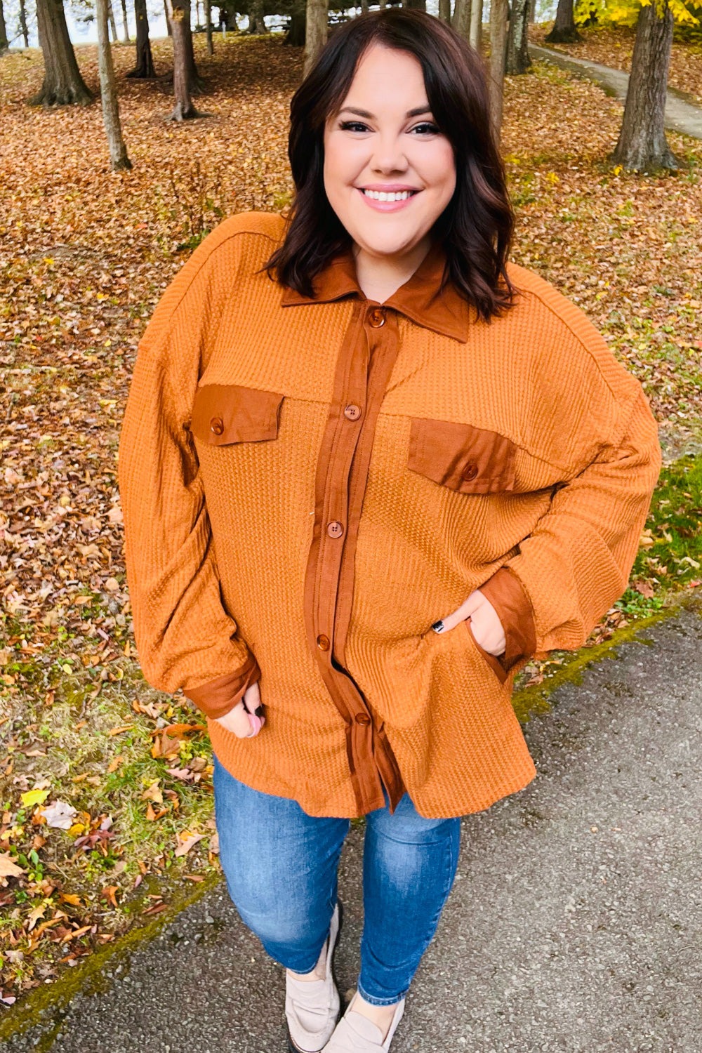 Haptics Only For You Rust Waffle Button Down Oversized Shacket-Haptics-[option4]-[option5]-[option6]-[option7]-[option8]-Shop-Boutique-Clothing-for-Women-Online