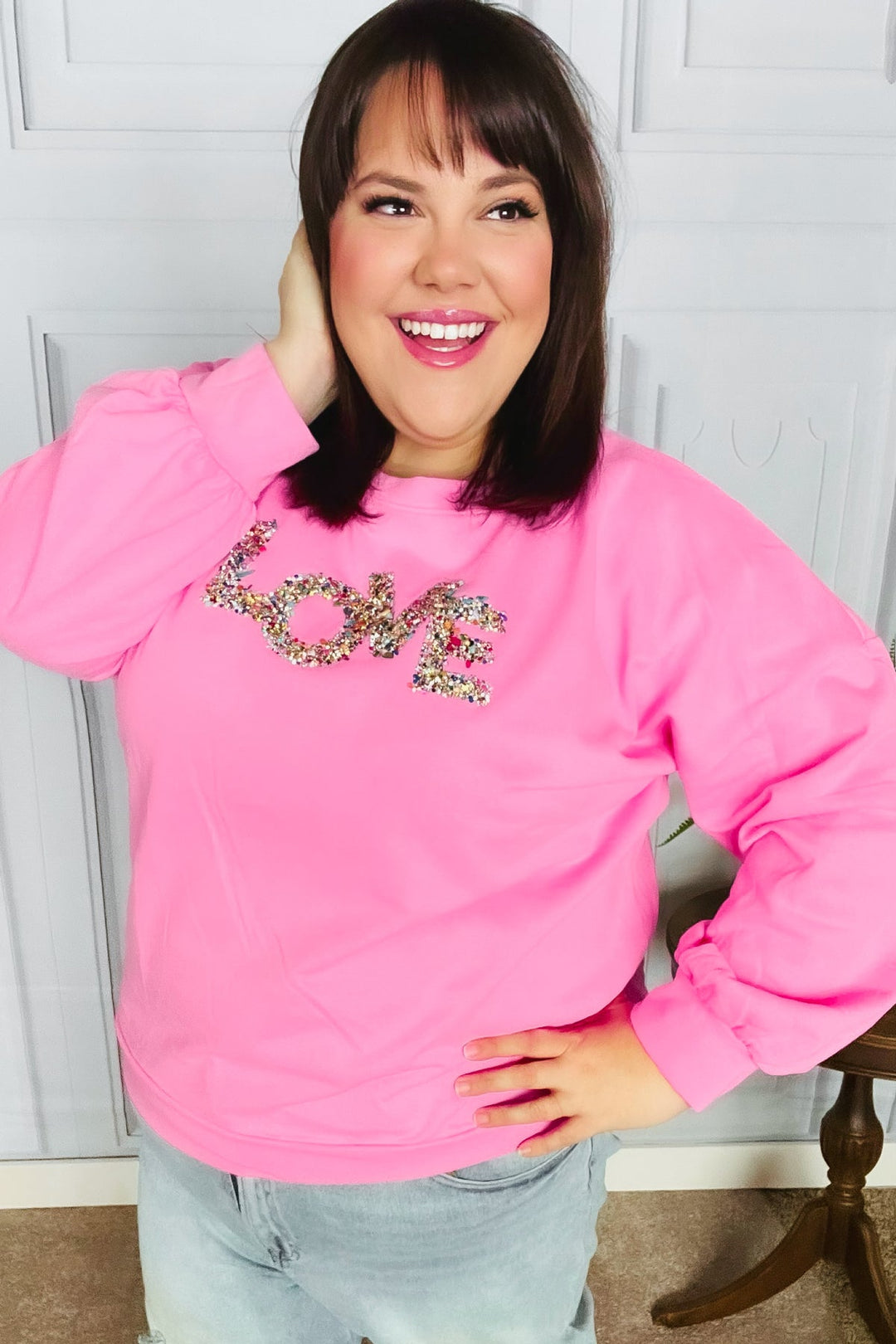 Pink "LOVE" Jewel Beaded Patch Pullover Top-Haptics-[option4]-[option5]-[option6]-[option7]-[option8]-Shop-Boutique-Clothing-for-Women-Online