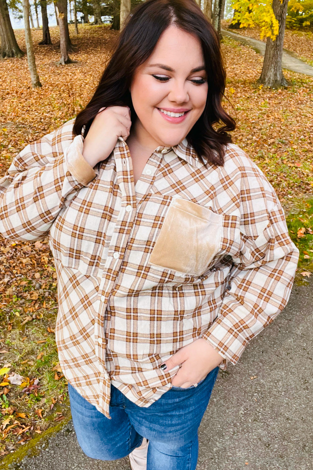 Taupe Plaid Velvet Pocket Button Down Top-Haptics-[option4]-[option5]-[option6]-[option7]-[option8]-Shop-Boutique-Clothing-for-Women-Online