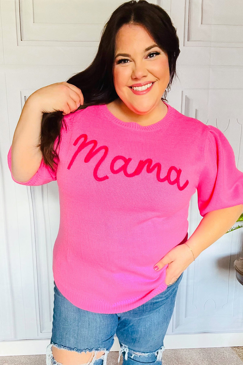 Take A Bow Pink "Mama" Embroidery Puff Sleeve Sweater Top-Haptics-[option4]-[option5]-[option6]-[option7]-[option8]-Shop-Boutique-Clothing-for-Women-Online