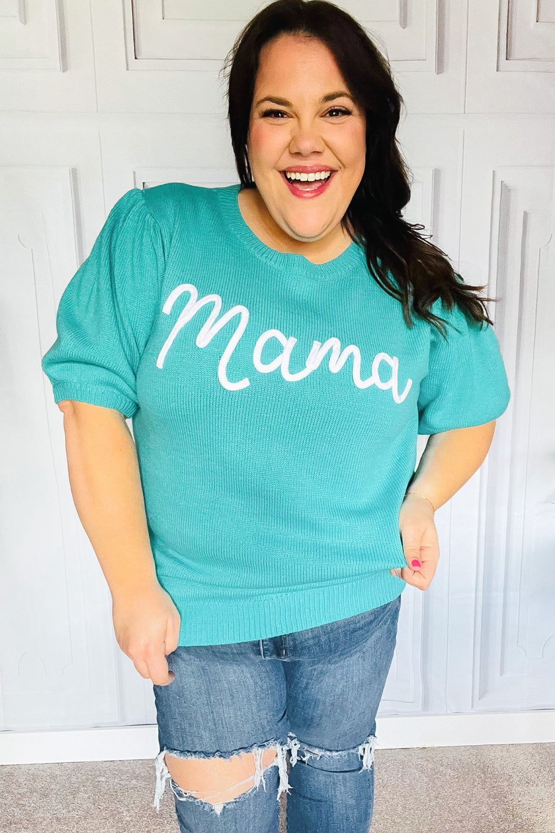 Take A Bow Mint "Mama" Embroidery Pop-Up Puff Sleeve Sweater Top-Haptics-[option4]-[option5]-[option6]-[option7]-[option8]-Shop-Boutique-Clothing-for-Women-Online