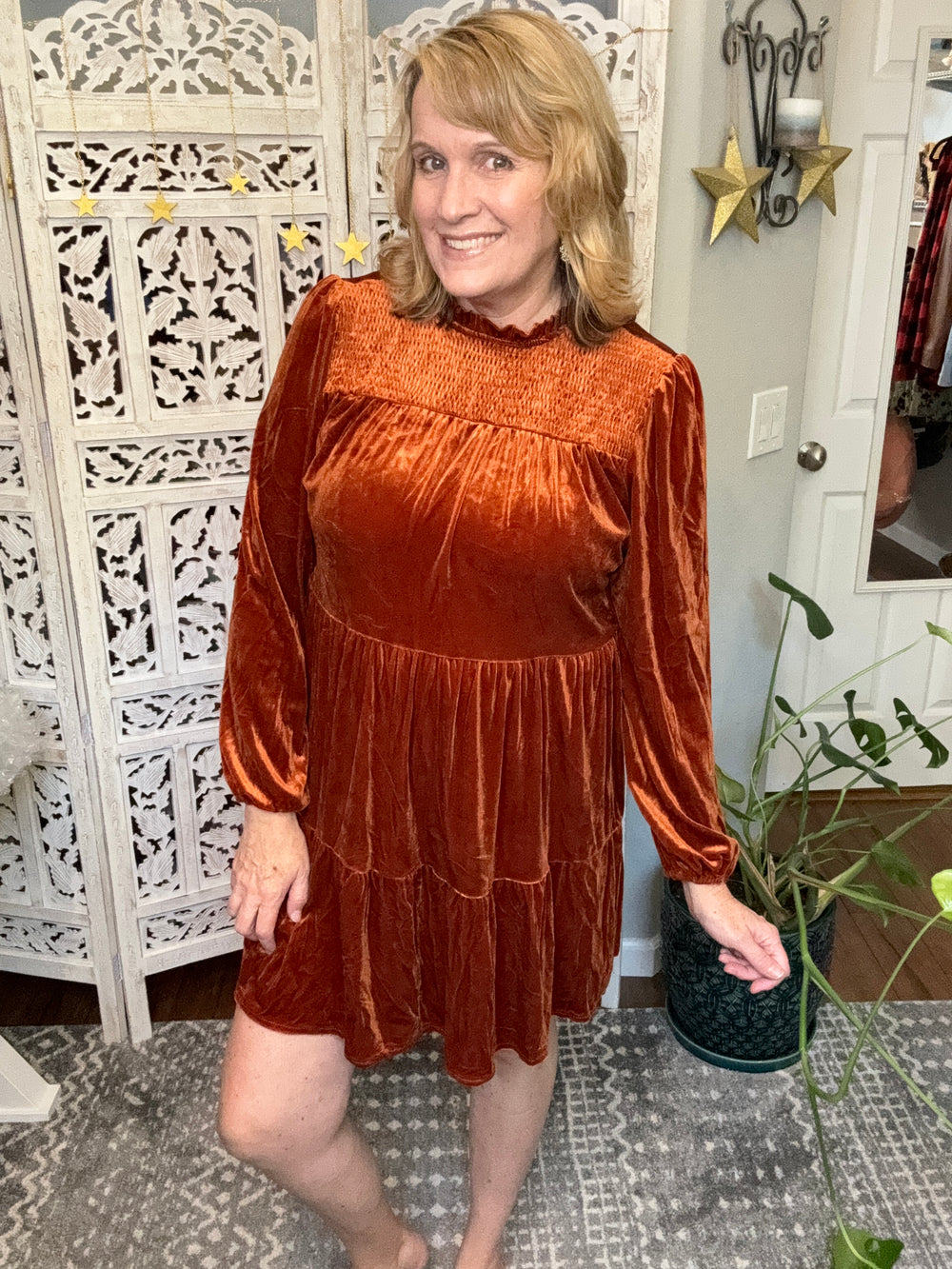 Copper Velvet Tiered Ruched Mock Neck Long Sleeve Dress-Trendsi-[option4]-[option5]-[option6]-[option7]-[option8]-Shop-Boutique-Clothing-for-Women-Online