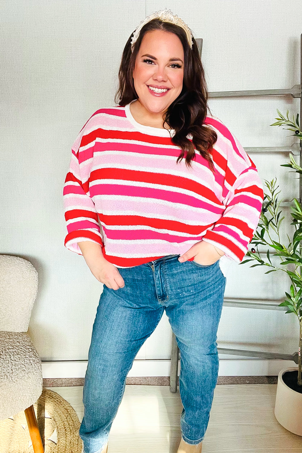 Follow Me Red/Pink Loose Knit Stripe Ribbed Sweater