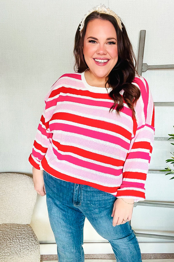 Follow Me Red/Pink Loose Knit Stripe Ribbed Sweater