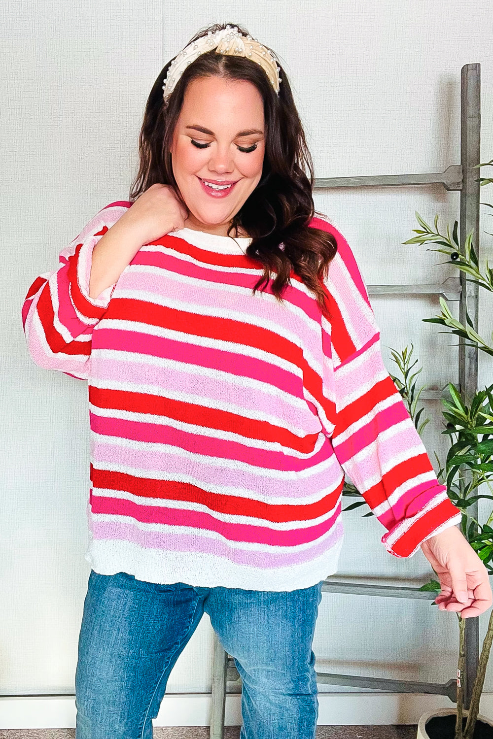 Follow Me Red/Pink Loose Knit Stripe Ribbed Sweater