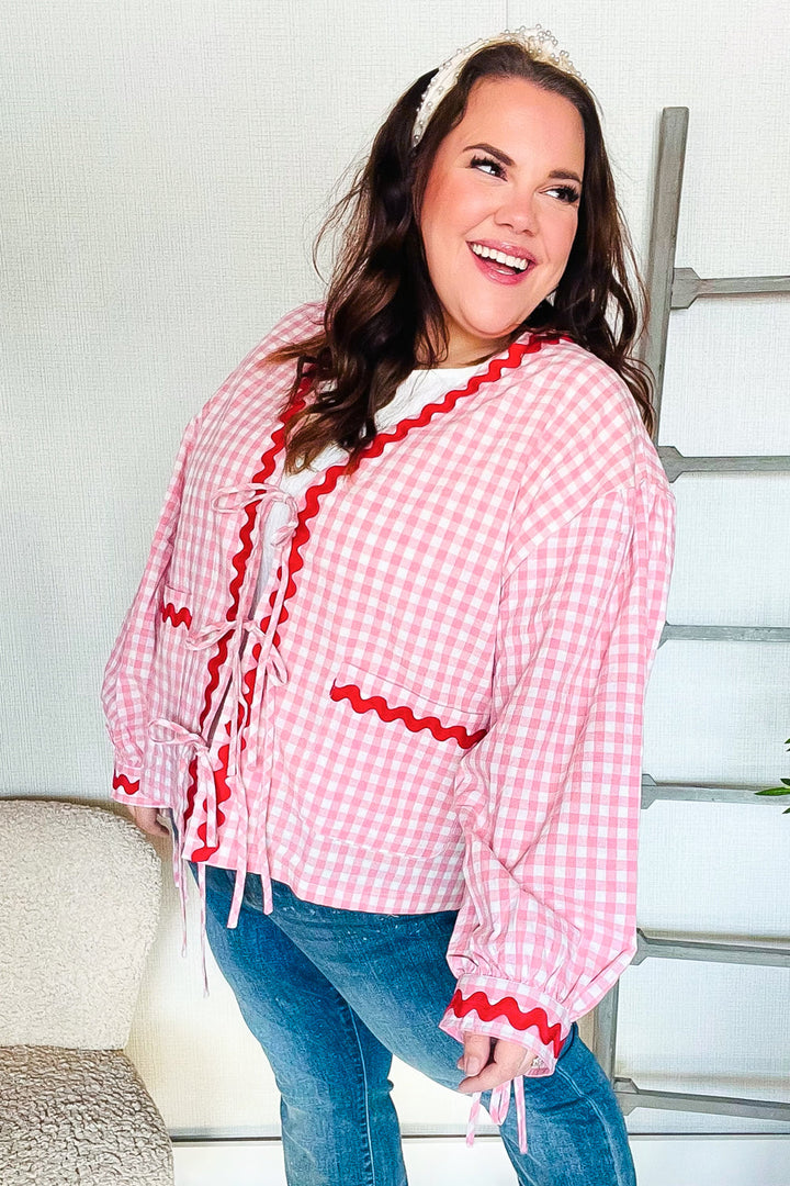 Spell Bound Red & Pink Cotton Ribbon Tie Gingham Pocket Jacket-Haptics-[option4]-[option5]-[option6]-[option7]-[option8]-Shop-Boutique-Clothing-for-Women-Online